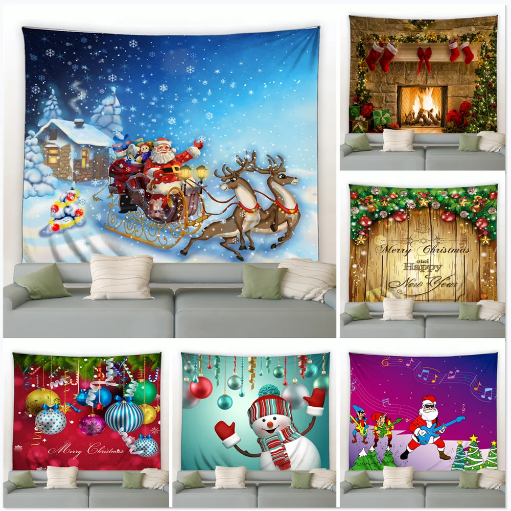 Xmas Art Decoration Wall Hanging Tapestry Santa Claus Fireplace Hippie Festival Christmas Ball Room Background Throw Blanket Mat