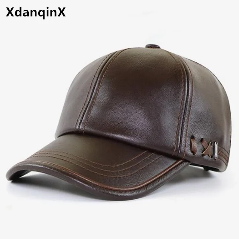 

XdanqinX autumn winter PU leather hat new velvet warm baseball caps for men simple sports cap adjustable size men's winter hats