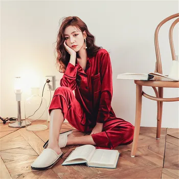 

autumn Pajamas Set Women Sleepwear Deep Gold Velvet Pajamas female pajamas set Long Sleeves Pants 2 Peices Nightwear pyjamas