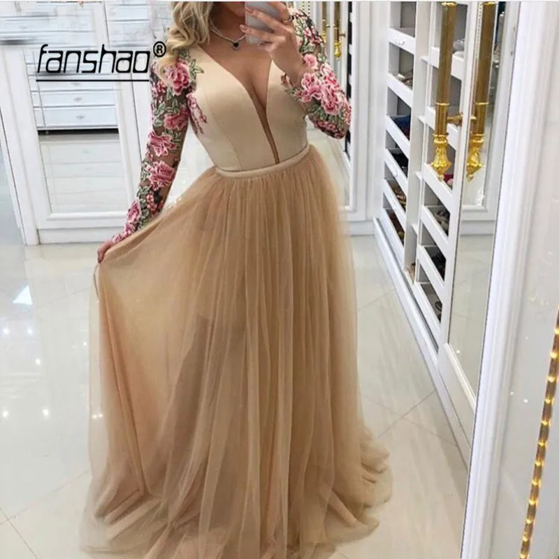 

Custom Made Muslim Evening Dress Deep-V Full Sleeve Tulle Applique Robe De Soiree Dubai Saudi Arabic Evening Gown Prom Dress