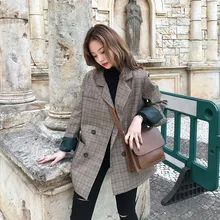 

Women Elgant Work Style Blazer 2021 Vintage Plaid Blazer Spring Autumn Double Breasted Long Sleeve Loose Retro Suits Coat Jacket