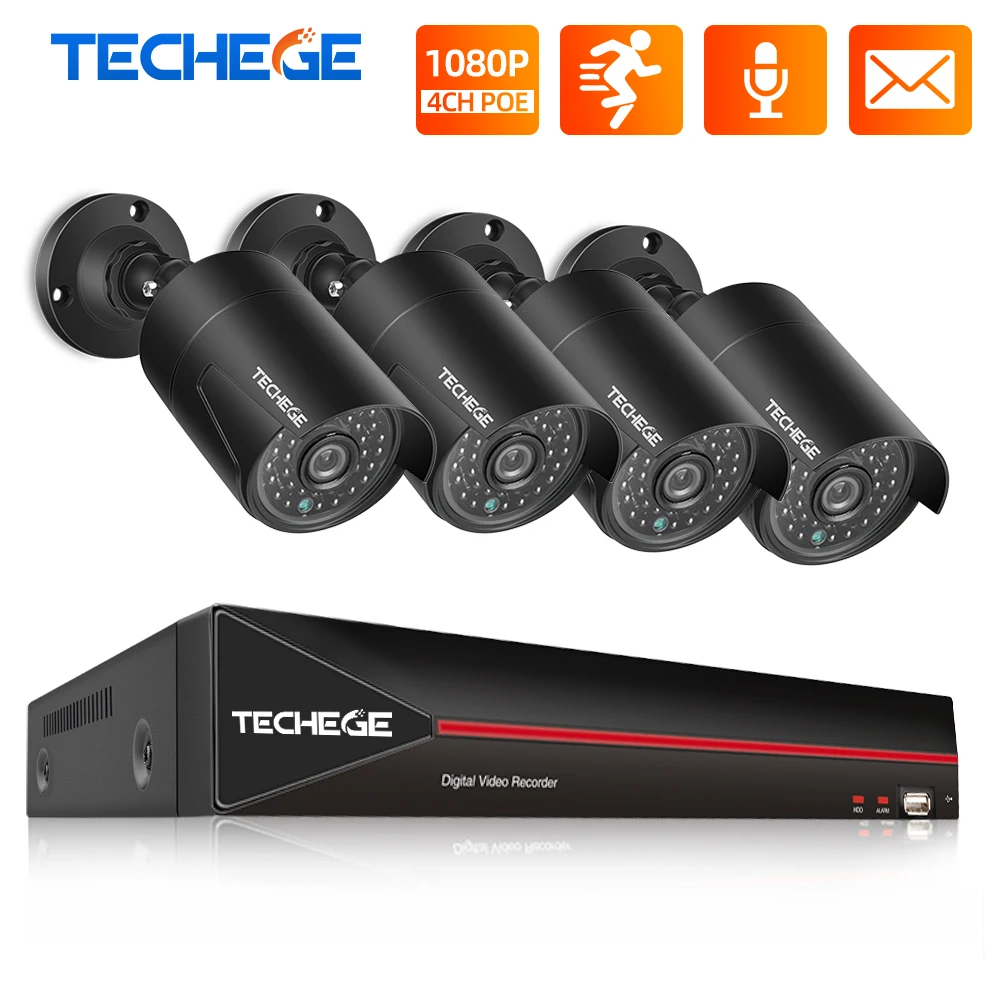 Techege H.265 4CH 1080P POE NVR Kit безопасности Камера CCTV Системы открытый аудио записи IP P2P