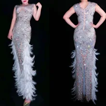 

Sexy Sparkly Rhinestone Feather Long Dress Evening Celebrity Party Night Dresses Birthday Outfit Singer Stage Costumes