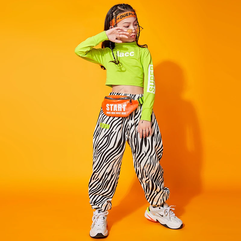 

Kids Hip Hop Dancing Clothing Turtleneck Sweatshirt Crop Tops Zebra Print Street wear Pants for Girl Jazz Dance Costume Clothes