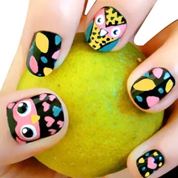 

24pcs Top Quality Fashion Cute Owl Print press on nails short Design Jewelry Decoration 3D Charm false nails with a pattern