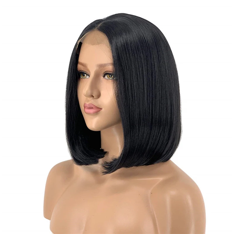 RONGDUOYI Silky Straight Black Short Bob Synthetic Lace Front Wigs with Middle Part for Women Realistic HandTied Daily Wear Wig