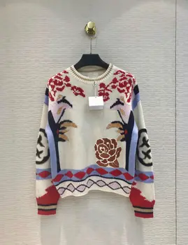 

2019 New Fashion & Elegant Flowers Printed Thick Cashmere Sweater Women Embroidery with Handmade Sequins