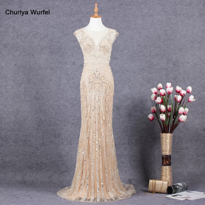

YY051 Churlya Wurfel gala dress prom party dress o-neck sequined beaded evening dresses mermaid zipper illusion vestidos de gala