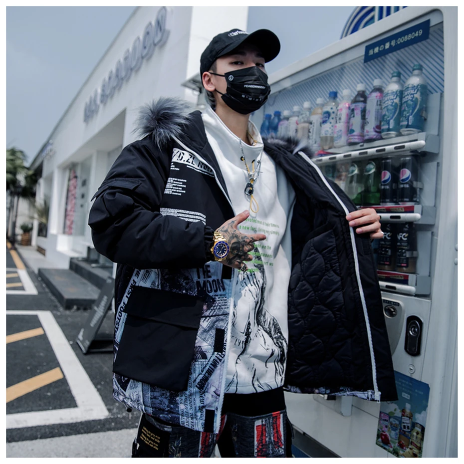 Размер США, зимние мужские парки, уличная одежда, меховой воротник, принт, Harajuku, много карманов, толстая куртка, пальто, свободные, модные, хип-хоп, DG481