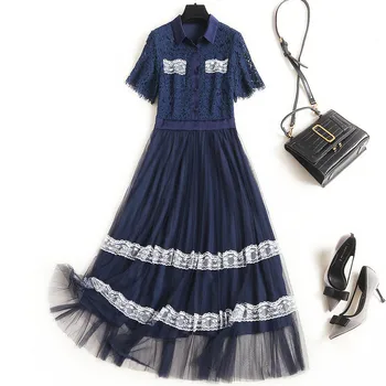 

Runway Designer Fashion Summer Dresses for Women 2020 New Clothes Elegant Short Sleeve Hollow Out Lace Patchwork Midi Mesh Dress