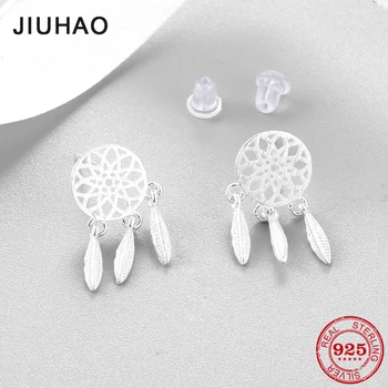 

New 100% Authentic 925 Sterling Silver Feather dream catcher Round shape DIY gift fashion fine Stud Earrings luxury creative Jew