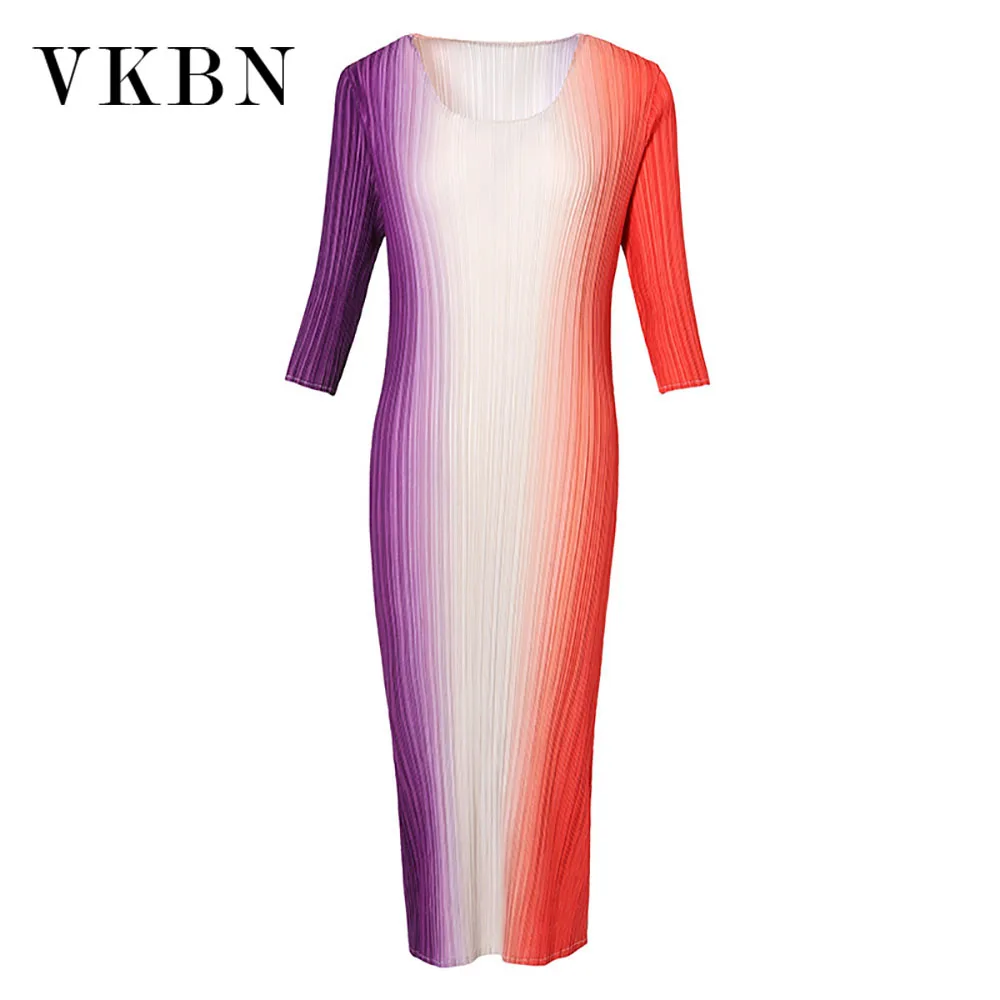 

VKBN Summer Dresses Woman Party Night Empire O-Neck Color Gradient Straight Ruched Club Dress Elegant Vestidos De Fiesta