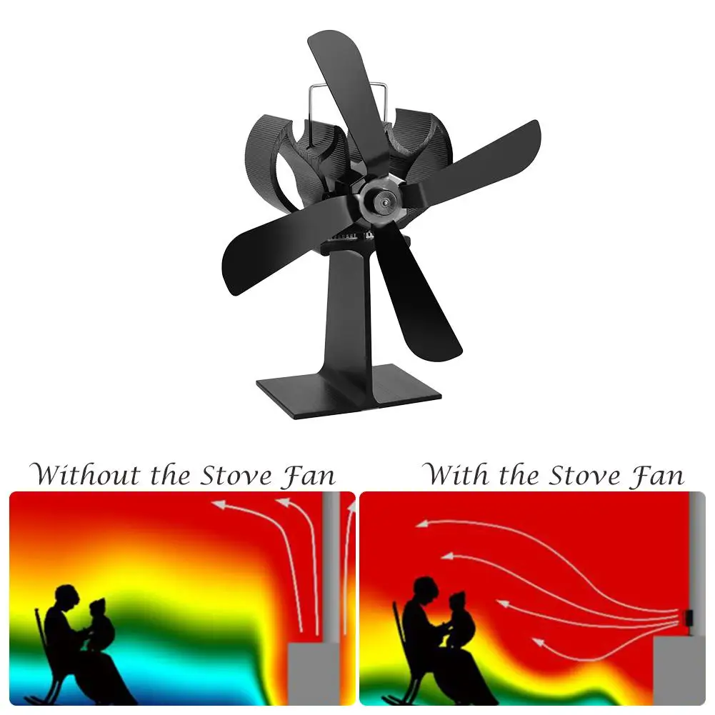 4 лопасти вентилятор для печи, работающий от тепловой энергии бревна деревянная горелка тихий черный Домашний Вентилятор для камина эффективное распределение тепла