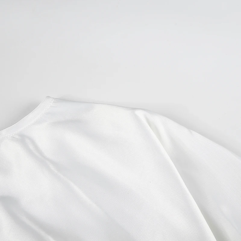 Darlingaga Осенняя шикарная белая атласная блузка рубашка с длинным пышным рукавом галстук-бабочка модные женские блузки открытая спина укороченный топ одежда