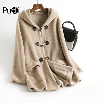 

Winter Classic women 30% real wool Hood Horn buckle warm jacket sheep shearing girl fur coats lady Long jacket overcoat OMS02