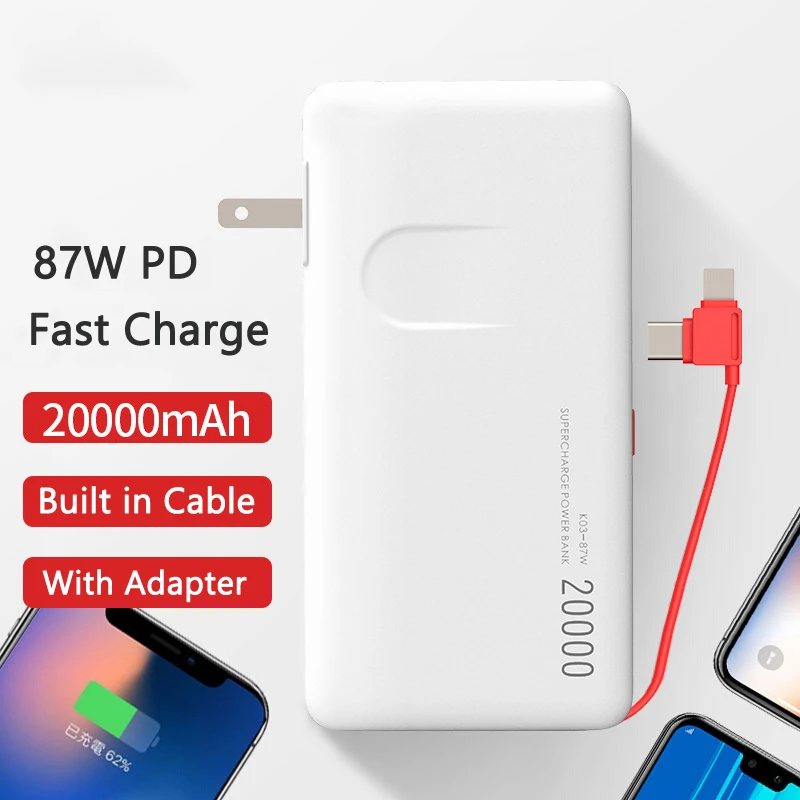 battery bank 20000mAh Power Bank Built in Cable AC Plug 87W PD Two-Way Fast Charging for iPhone 12 11 Huawei Xiaomi Laptop Notebook Powerbank battery pack for phone