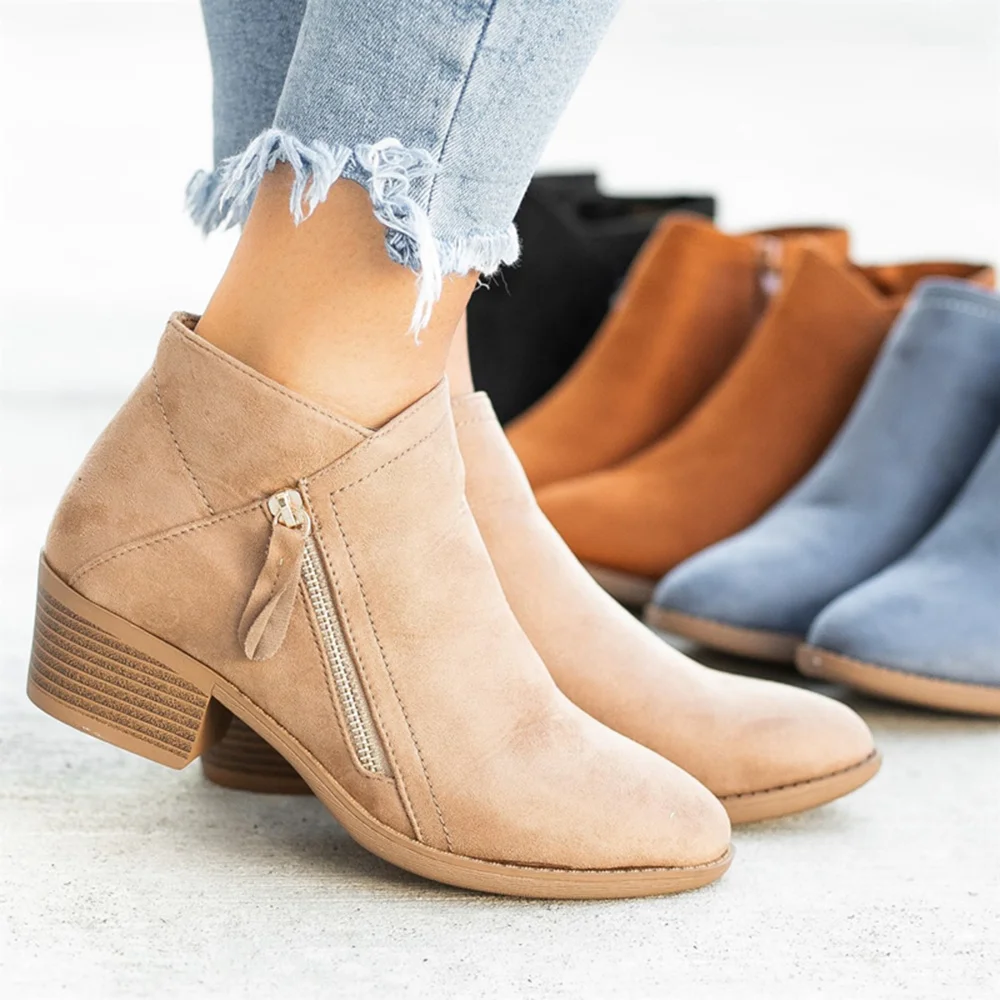 Women Side Zipper Boots Fashion Suede Low Heel Shoes Short Square Heels Casual Ankle Plus Size 43 Botas Mujer | Обувь