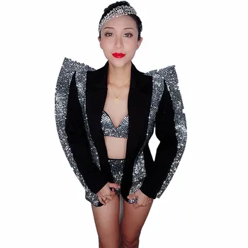 

Sparkly Silver Rhinestones Bra Short Jacket Outfit Set Women Singer Dancer Wear Black Stage Wear Birthday Party Outfit Set