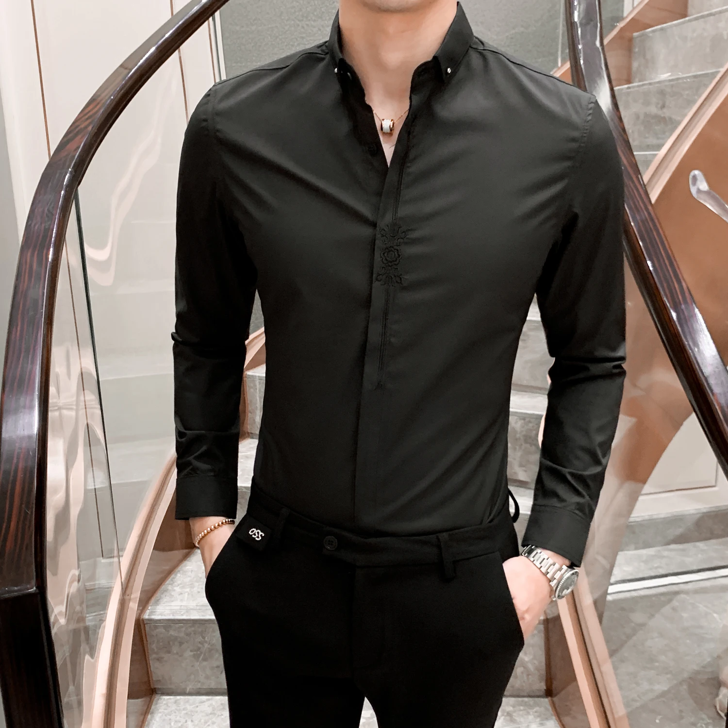 Chemise Homme, осенняя Новинка, деловая официальная одежда, рубашка для мужчин, высокое качество, с вышивкой, облегающая Мужская одежда, рубашки, праздничная одежда, блузка для мужчин