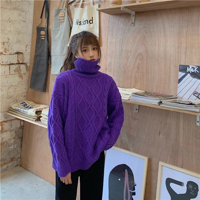 2019 Women Thick Retro Twisted Sweater Loose Turtleneck Autumn Winter Women's knitted Soild Color sweater | Женская одежда