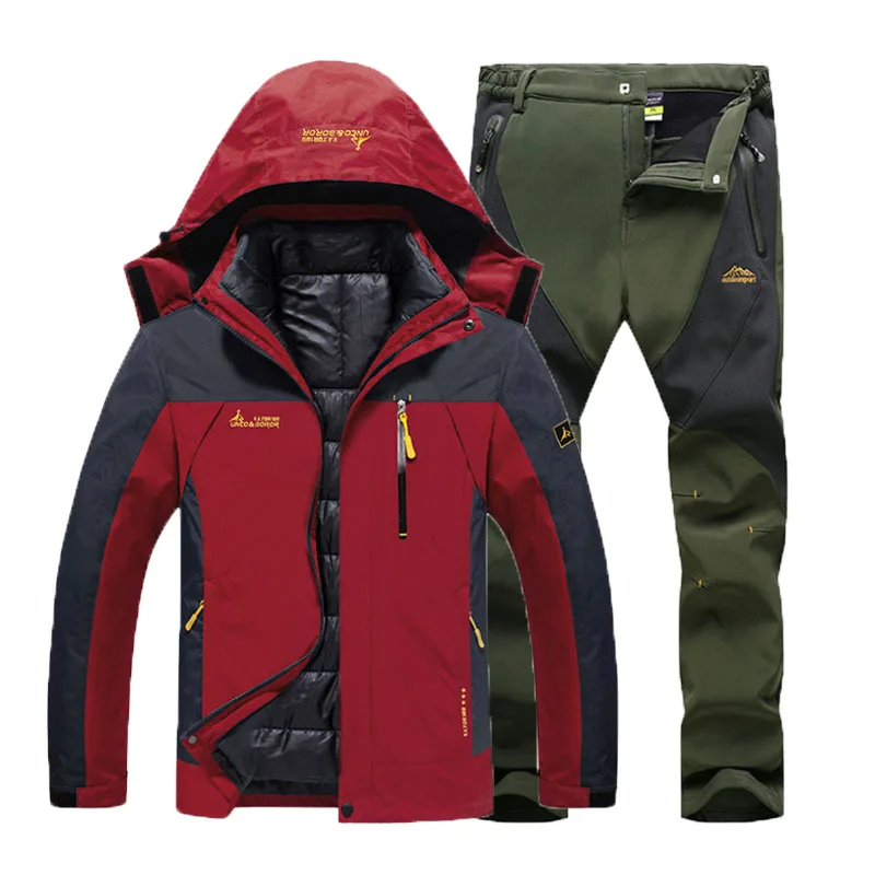 Red Green Suit Мужские зимние водонепроницаемые треккинговые походные лыжные ползунки, теплые хлопковые куртки 3 в 1, флисовые штаны, костюм, пальто - Цвет: Red Green Suit