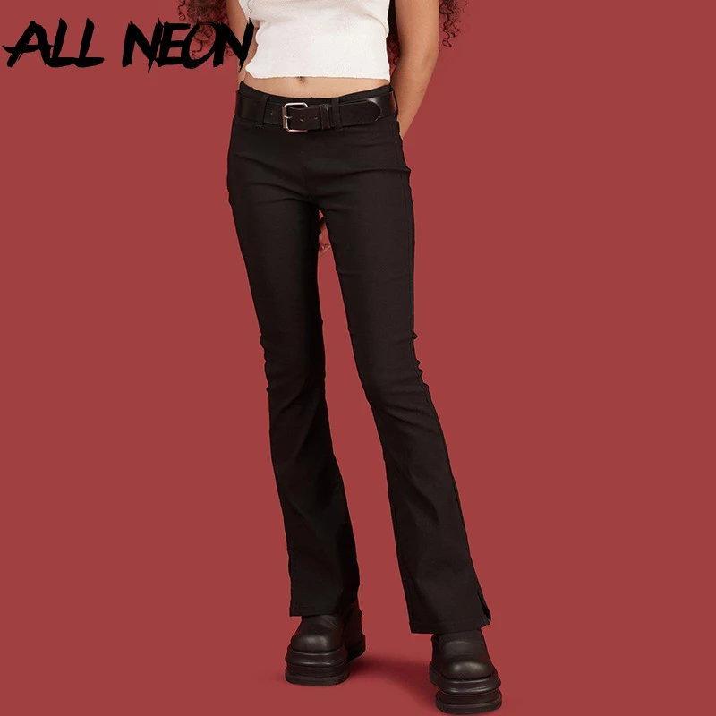 ALLNeon Black Trousers Women Solid Skinny Slit Hem Flare Pants Fashion Spring 2020 Long Pants for Female Streetwear Pantalones ALLNeon Black Trousers Women Solid Skinny Slit Hem Flare Pants Fashion Spring 2020 Long Pants for Female Streetwear Pantalones