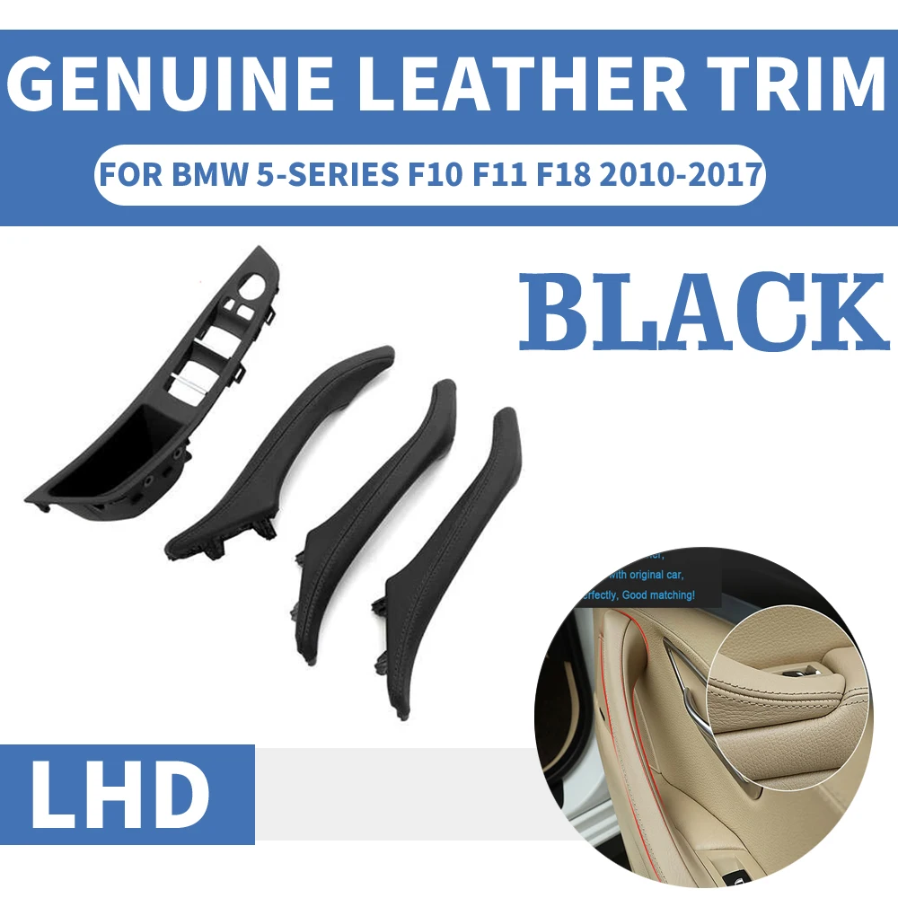 

4PCS Genuine Leather Left Hand Drive LHD For BMW 5 series F10 F11 F18 Black Car Interior Door Handle Inner Panel Pull Trim Cover