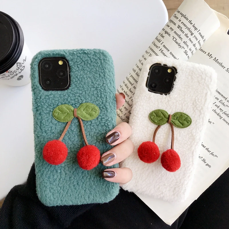 

For iPhone 11 Pro Max Korean cute cherry fuzzy Cloth Anti-fall Soft Back For iphone X XS MAX XR XS 8 7
