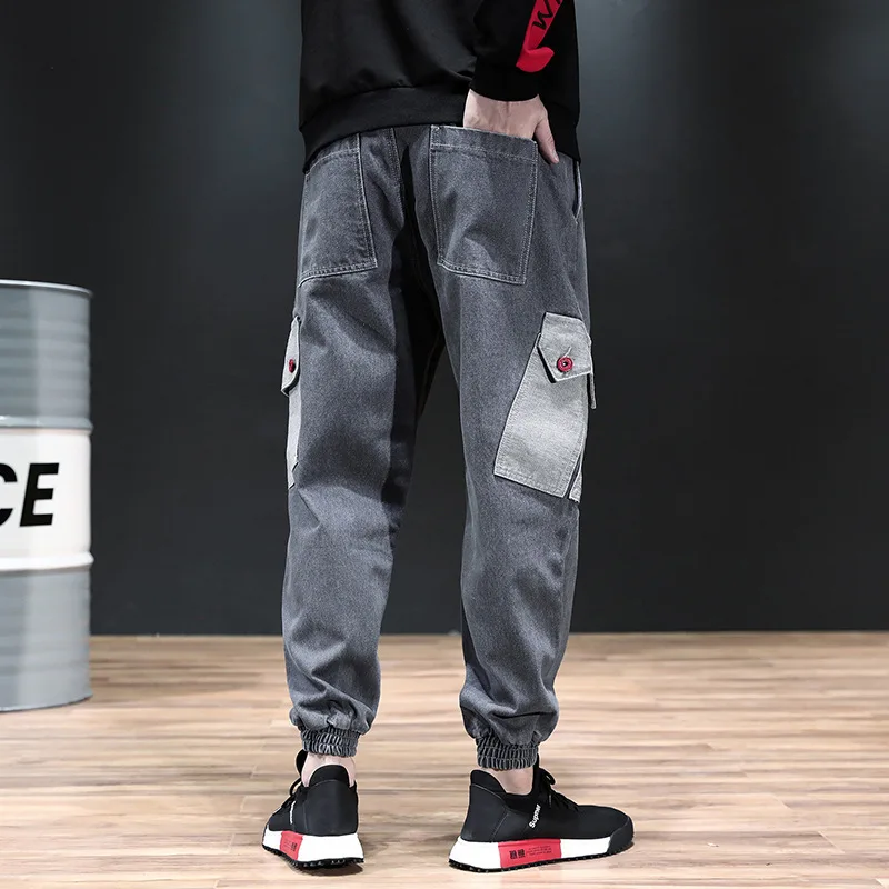 Spring winter Grey Denim Jeans Side Pockets Elastic Waist Streetwear Hip Hop Jeans Men Loose Side Pockets Mens Denim Cargo Jeans