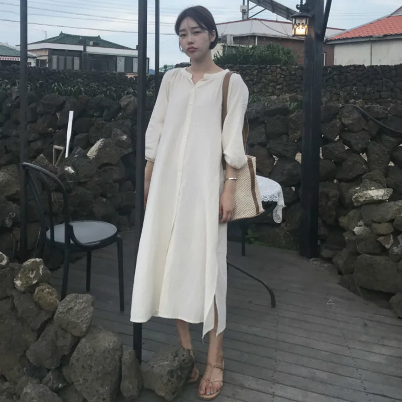 

Women Autumn Long Shirt Dress with Buttons V Neck Straight Vestidos Split Elegant Robe Femme Plus Size Sukienki Casual Jurken