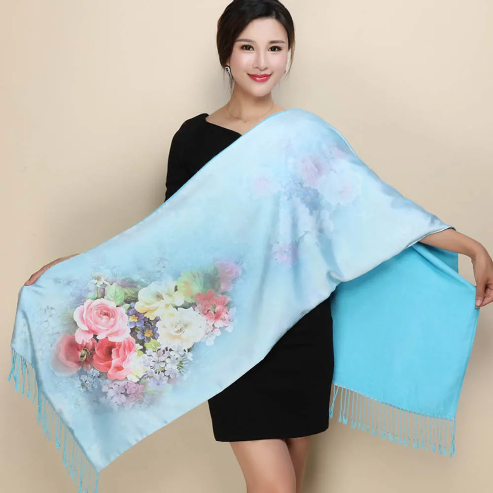 Silk Scarf 6 FS Элитный бренд печатных Шелковый шарф для женщин цветы платки с кисточкой дышащий теплый большой Бандана Хиджаб глава атласные шелковые шарфы для - Цвет: Silk Scarf 6