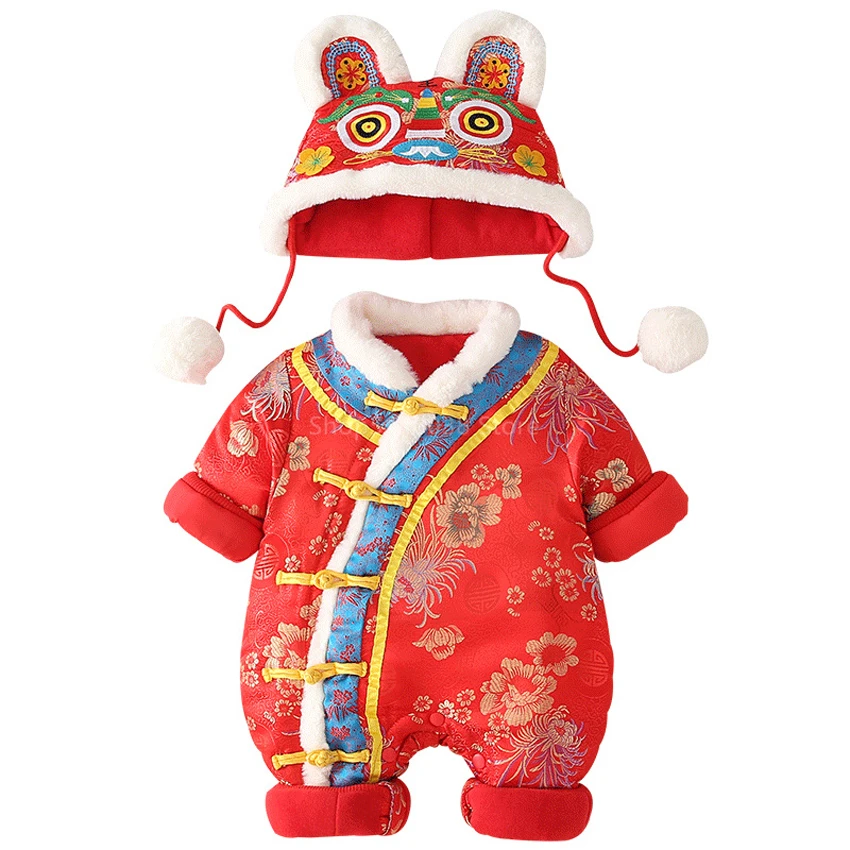 

Infant New Year Tang Suit Chinese Style Ethnic Newborn Baby Rompers Tiger Embroidery Hat Birthday Celebrate Jumpsuit Cotton Warm