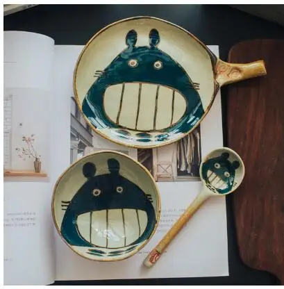 Totoro3 pieces Керамическая пиала для риса набор столовых приборов Прекрасный японский мультфильм кружка блюдо ложки посуда - Цвет: Totoro3 pieces
