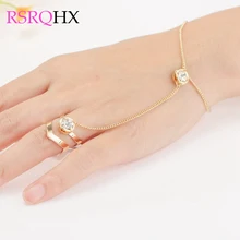 С украшением в виде кристаллов браслет, соединенный с кольцом на пальце для рук сзади звено цепи для Для женщин женские белые Наручные часы золотые украшения Цвет класса люкс Браслеты женская мода, Лидер продаж