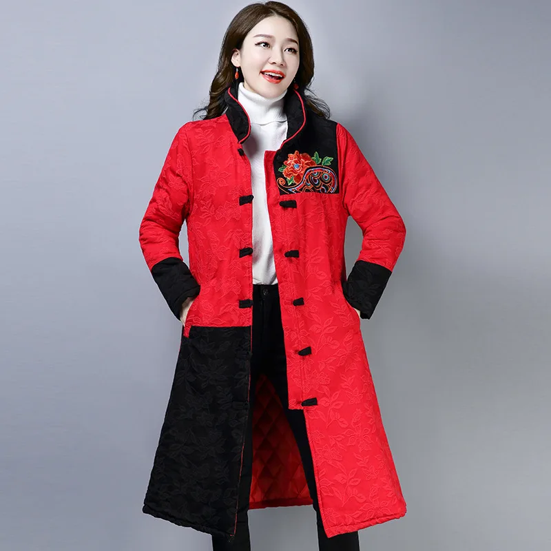 

2019 Winter New Style Large Size Dress Ethnic-Style Loose-Fit Slimming Embroidery Long Warm Cotton Coat Women's