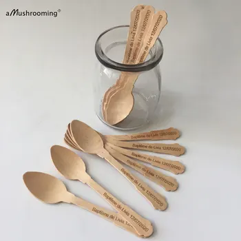 

100pcs Personalized Vintage Mini Wooden Spoons Appetizers Sampling Ice Cream Spoons for Baby Baptism First Communion Celebration