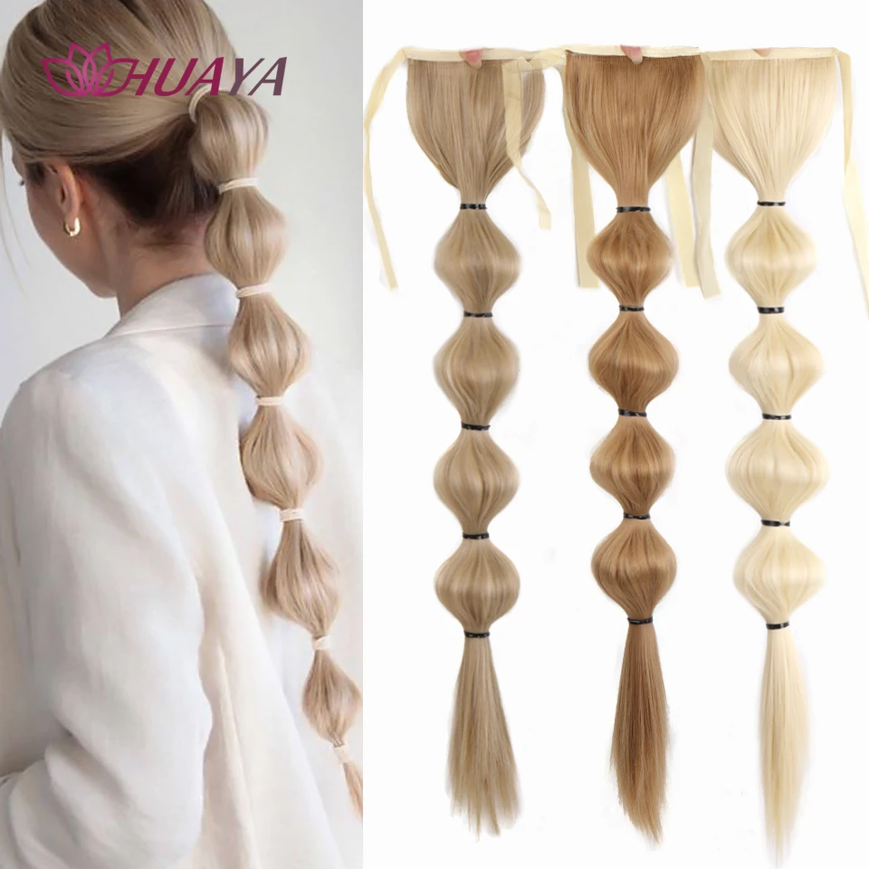 HUAYA Drawstring Long Straight Ponytail Clip In Hair Extensions Synthetic Hair Bubble Ponytail Heat Resistant Natural Fake