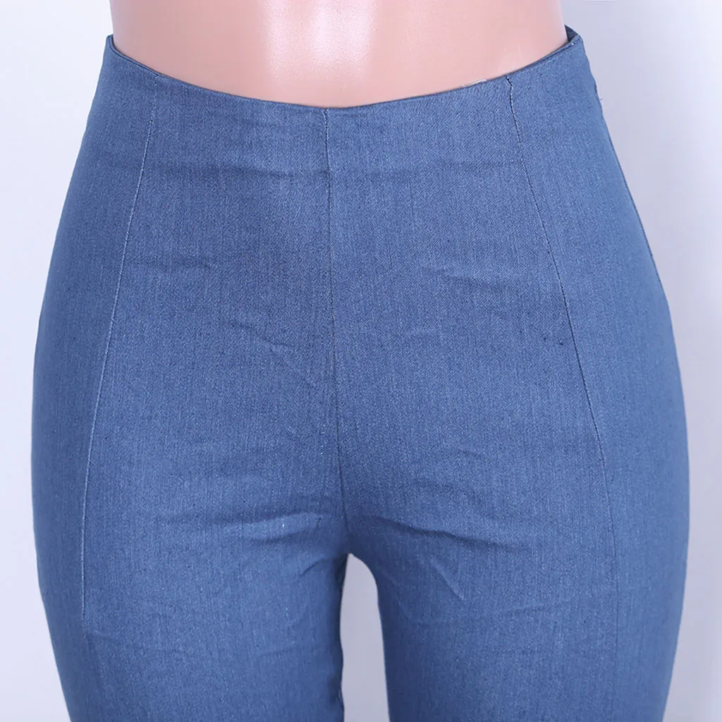 Mom Jeans Women Skinny Slim Mid Waisted Denim Jeans Pocket Stretch Button Bell-bottom Pants Jeans Light Blue Streetwear#3