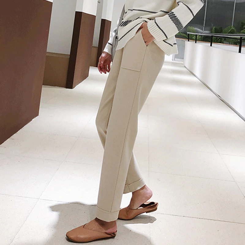 BGTEEVER Autumn Winter Thicken Pants Women Elastic Waist Pockets Woolen Female Pencil Pant Elegant Warm Trousers femme