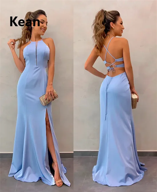 

New Arrival Simple Blue Deep-V Neck Halter Evening Dress Backless Slit Cheap Islamic Dubai Kaftan Saudi Arabic Prom Dress