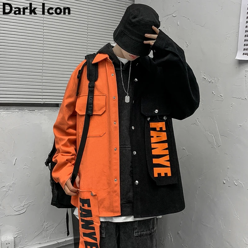 

Dark Icon Black Orange Patchwork Bomber Jacket Coats Casual Windbreaker Ribbons Pockets Men's Overalls Hip Hop Streetwe