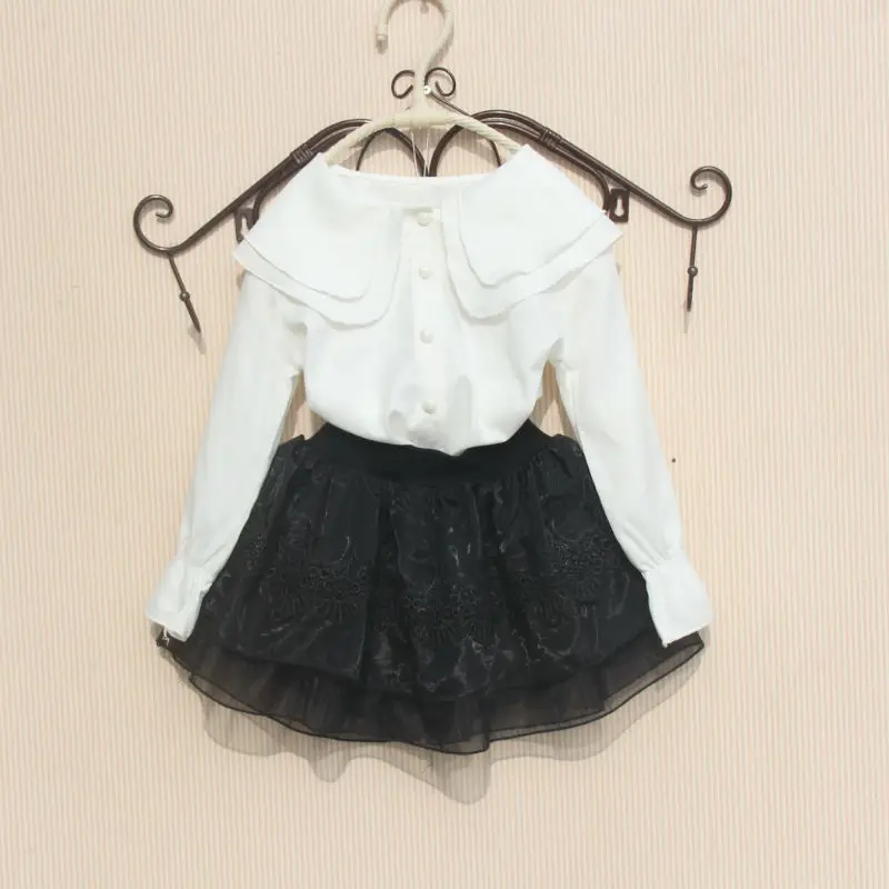

Pute White Girls School Blouses Chiffon Spring 2020 Turn-down Collar Clothes for Toddler Girl Black Skirt Children Clothing New
