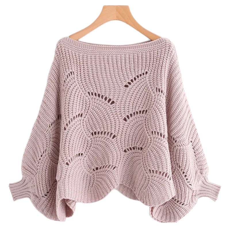Sheinside Розовый Повседневный полый свитер для женщин осенний свитер с рукавами «летучая мышь» женский топ с петельками