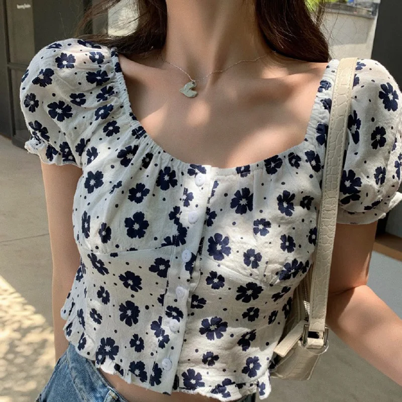 

Summer Printed Floral T-shirt Square Collar Button Decoration Puff Sleeve Short Sleeve Cute Stretch Comfortable Thin Short Top