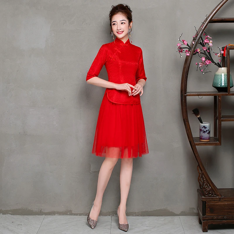 B3 short red Комплект из 2 предметов, винтажное платье Ципао с рукавом до локтя и вышивкой для свадебной вечеринки, китайское Сетчатое элегантное платье для гостей на выпускной, Vestidos - Цвет: B3 short red