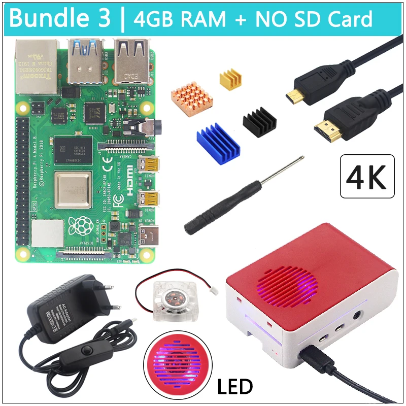 UK Raspberry Pi 4 Модель B комплект+ ABS чехол+ светодиодный светильник вентилятор+ питание+ Micro HDMI+ радиатор дополнительно 64 32 Гб SD карта | ридер - Комплект: Комплект 3