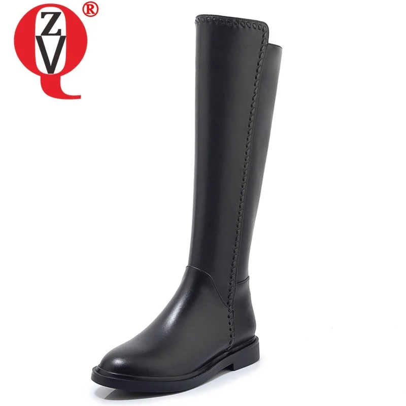 

ZVQ 2019 winter new genuine leather knee high boots outside concise casual low heels round toe zip women shoes drop shipping