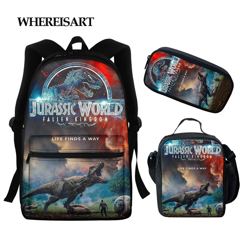 

WHEREISART Dinosaur Printed School Bags 3D Animal School Backpacks for Teen Boy 3pcs/set Student Book Bags Satchel Rucksack