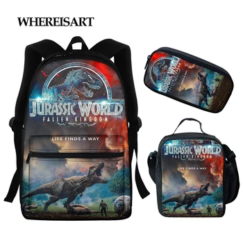 

WHEREISART Dinosaur Printed School Bags 3D Animal School Backpacks for Teen Boy 3pcs/set Student Book Bags Satchel Rucksack