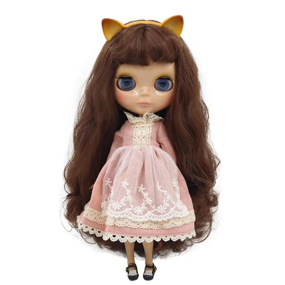 1/6 фабричная кукла blyth, игрушка из коричневых волос с челкой, загорелая кожа, повязка на голову для кошки, красное платье, обувь для кошки, комбинация 1/6, 30 см